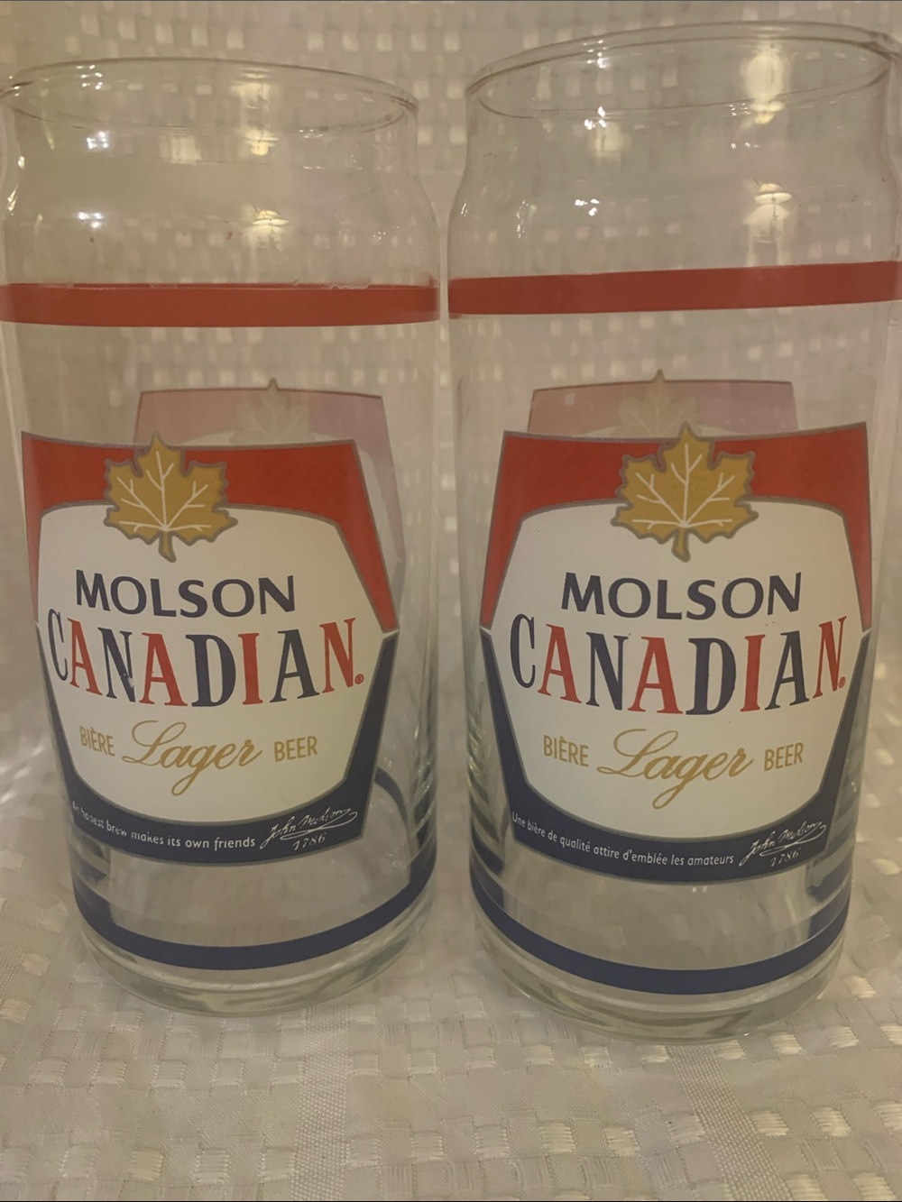 Molson Canadian beer glasses shaped like beer cans; 6.5 inches tall.